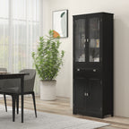 Buffet haut armoire de cuisine 4 portes dont 2 portes vitrées et 1 tiroir hauteur 160 cm avec étagères en bois noir-9