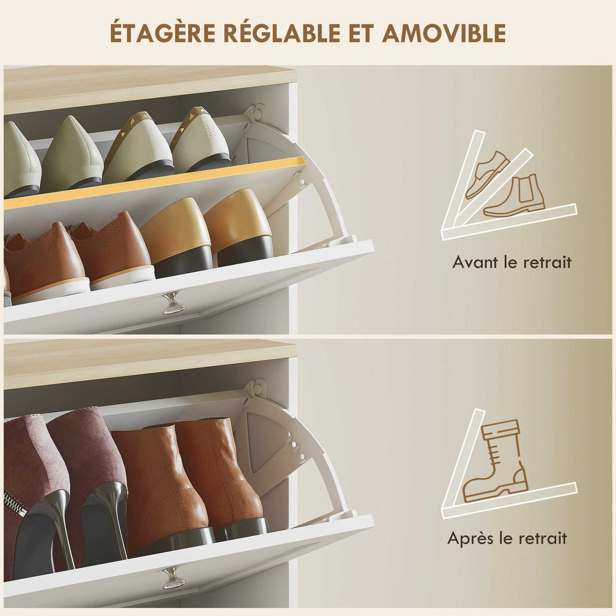 Meuble à chaussures 24 paires, armoire à chaussures avec 4 tiroirs rabattables, étagères réglables, 60x23,5x153cm, blanc-4