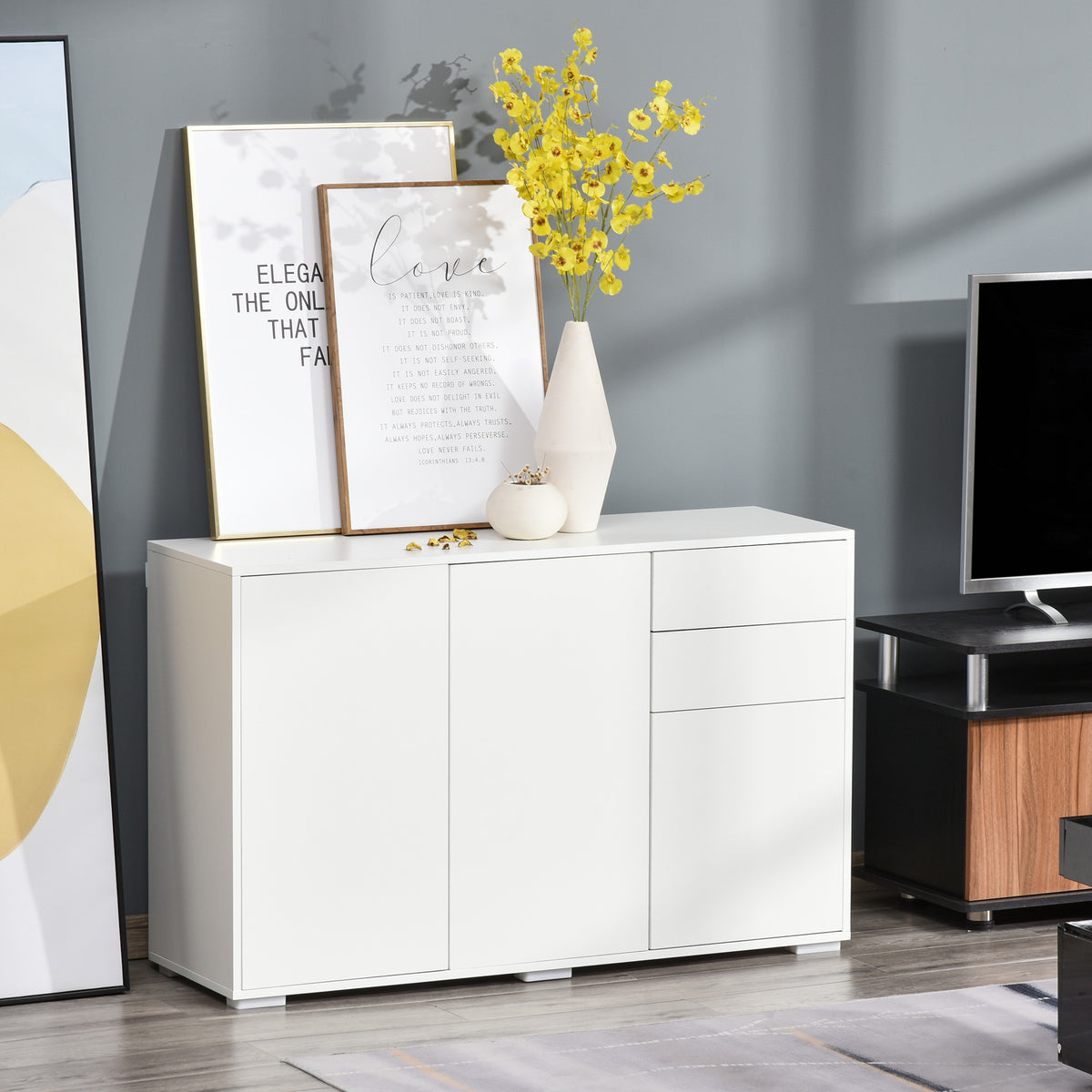 Buffet meuble de rangement 2 tiroirs coulissants 3 portes étagère réglable panneaux de particules 117 x 36 x 74 cm blanc-9