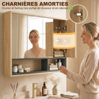 Meuble salle de bain avec miroir, armoire toilettes murale avec placards à 3 portes et 8 compartiments, chêne-6