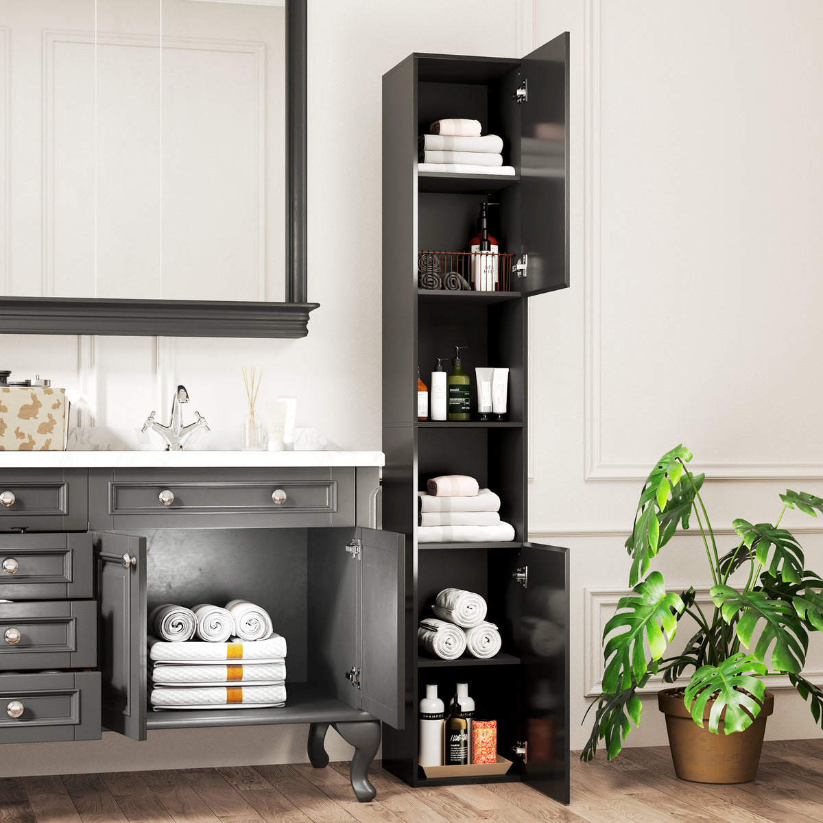 Meuble colonne de salle de bain 2 placards avec étagères réglables + 2 niches 30 x 30 x 181,5 cm noir-8