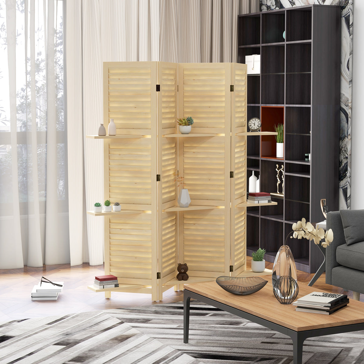 Paravent intérieur 4 panneaux 160L x 170H cm 3 étagères pliables séparateur de pièce portes persiennes naturel-1