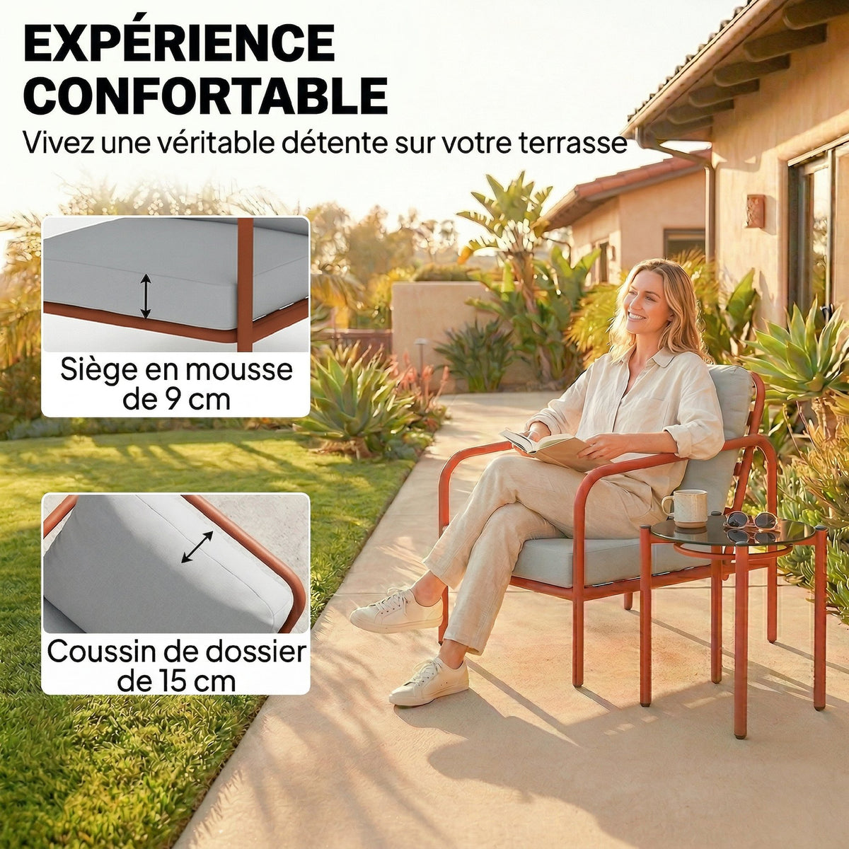 Salon de Jardin 3 Pièces, 2 Fauteuils, 1 Table Basse, Coussins Épais, Plateau en Verre Trempé, 63x77x76cm, Rouge Vineux-3