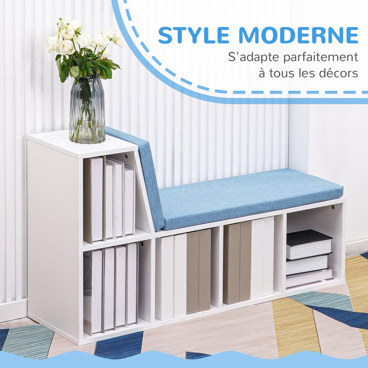 Bibliothèque banc 2 en 1 avec 5 compartiments de rangement et 2 coussins 108 x 30 x 60 cm blanc bleu-3