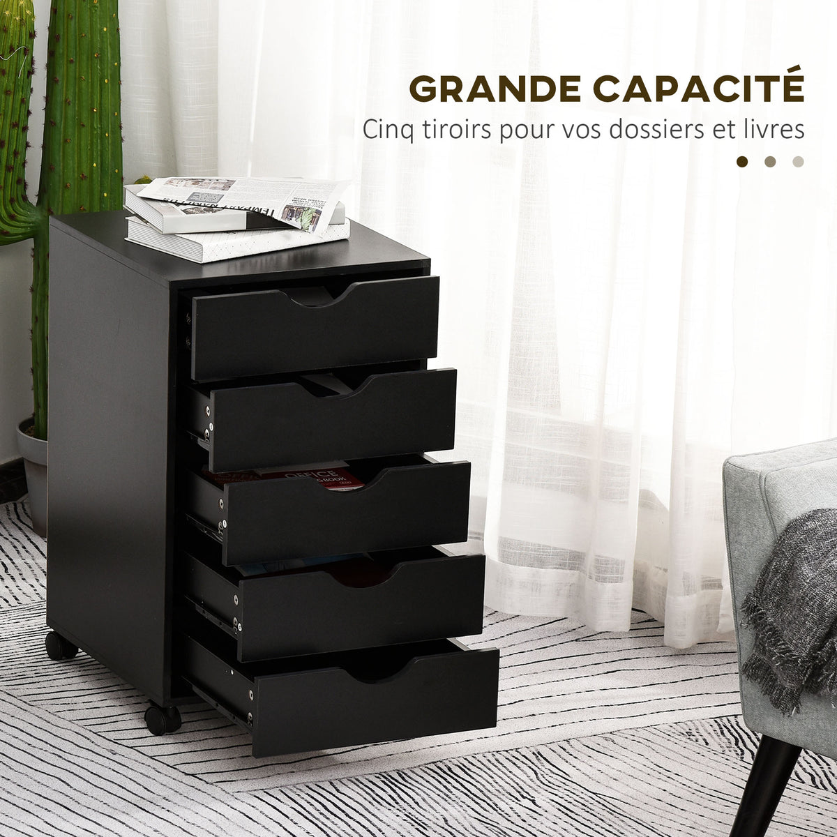 Caisson bureau mobile, meuble rangement bureau sur roulettes, 5 tiroirs, 40 x 40 x 68,5 cm, noir-3