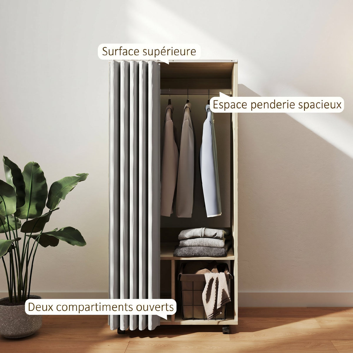 Armoire penderie armoire de rangement mobile avec rideau, tringle de suspension, 60 x 40 x 128 cm, effet bois naturel-3