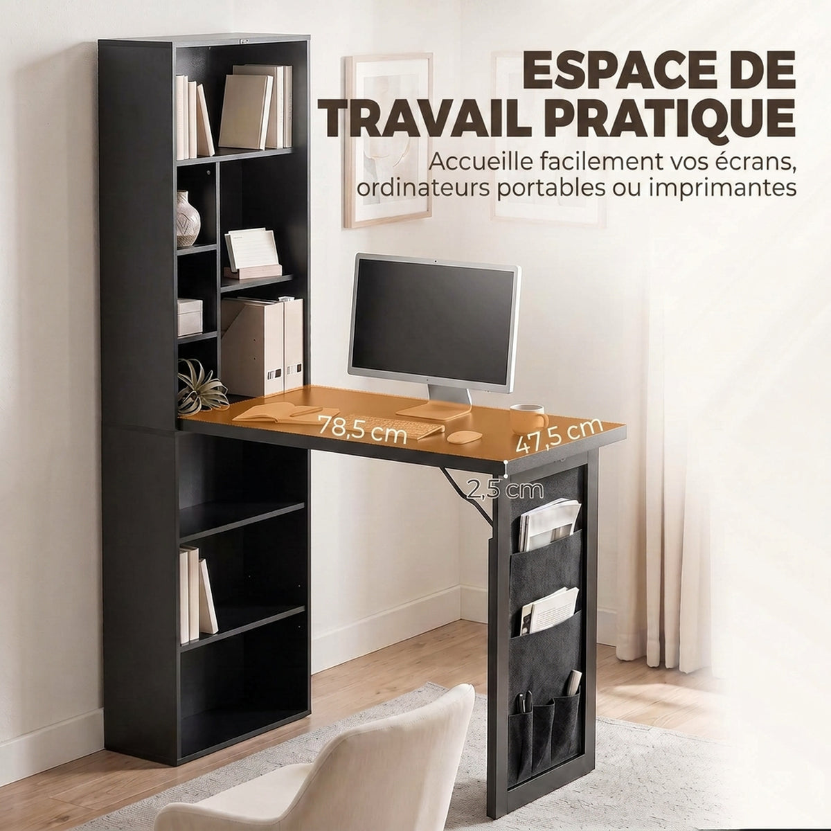 Bureau Informatique Pliable avec Pochette Suspendue, Compartiments Ouverts et Étagère Réglable, Noir-6