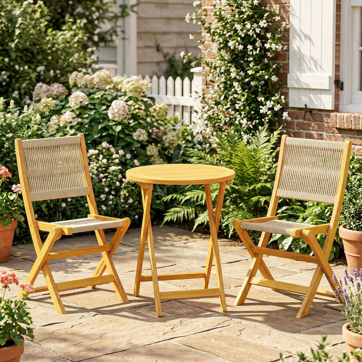 Salon de Jardin Ensemble Bistro 3 Pièces Table Ronde et 2 Chaises Pliables Design Boho Bois d'Acacia Cordage PP Naturel-1