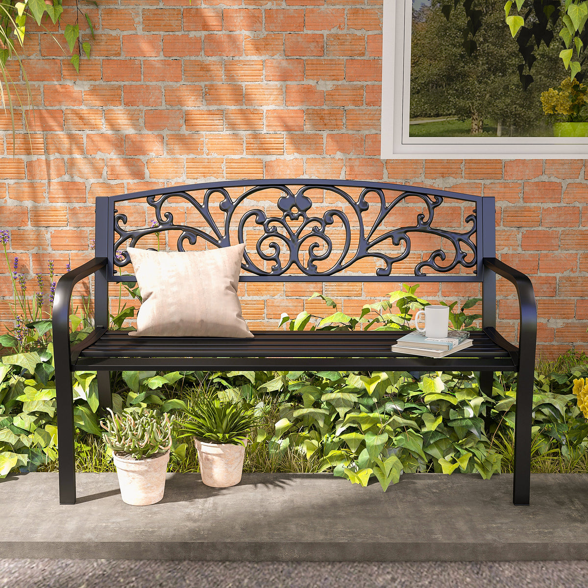 Banc de Jardin terrasse en Acier Fonte Noir 2 Places 127 x 60 x 87 cm Charge Max 240 Kg-8