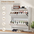 Meuble à chaussures 16 paires, armoire à chaussures avec 2 tiroirs rabattables, étagères réglables, 80x24x101cm, blanc-3