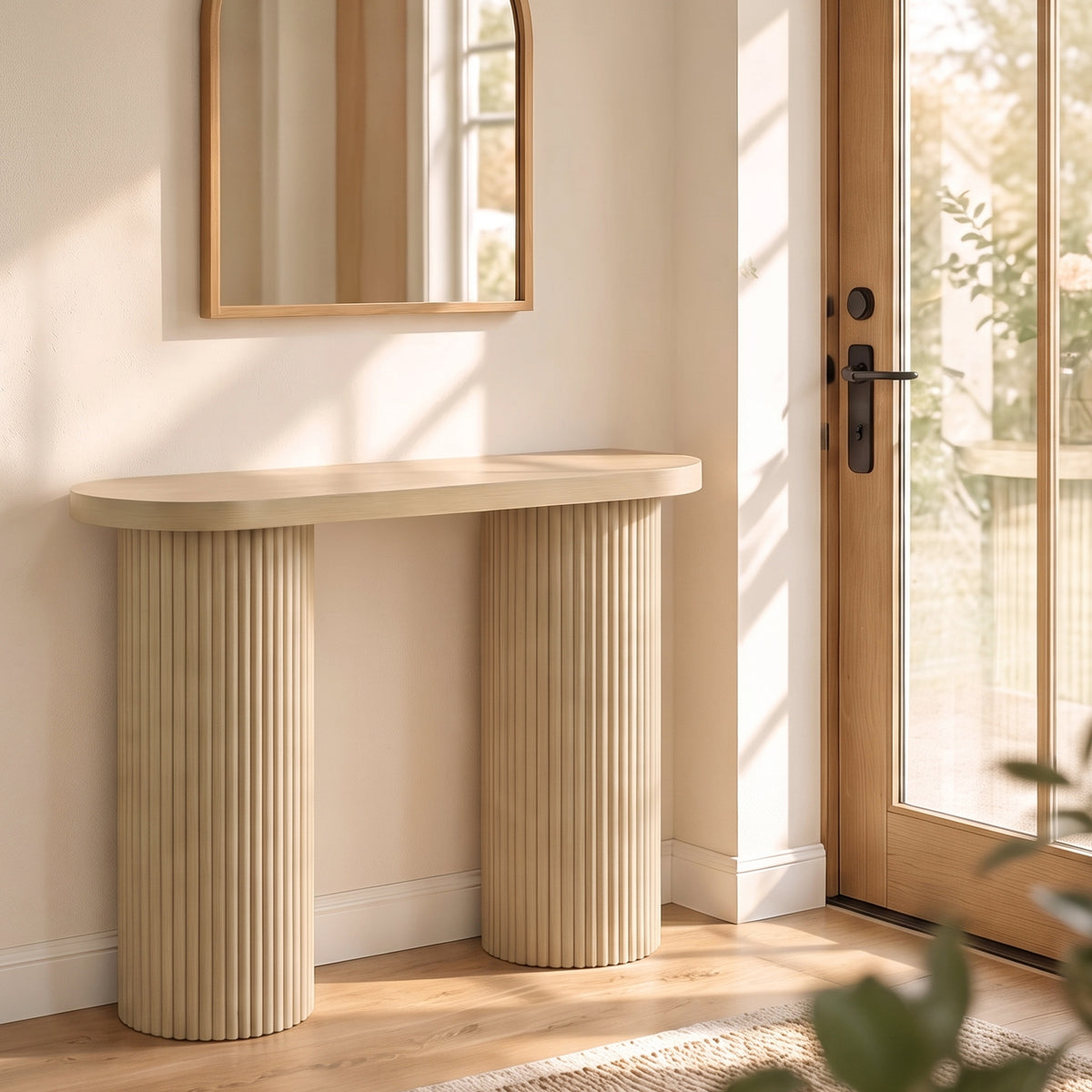 Table Console Cannelée, Rangement Dissimulé, Pieds Colonnes, Style Rustique, Console d'Entrée Étroite, 103x35x80cm Chêne-1