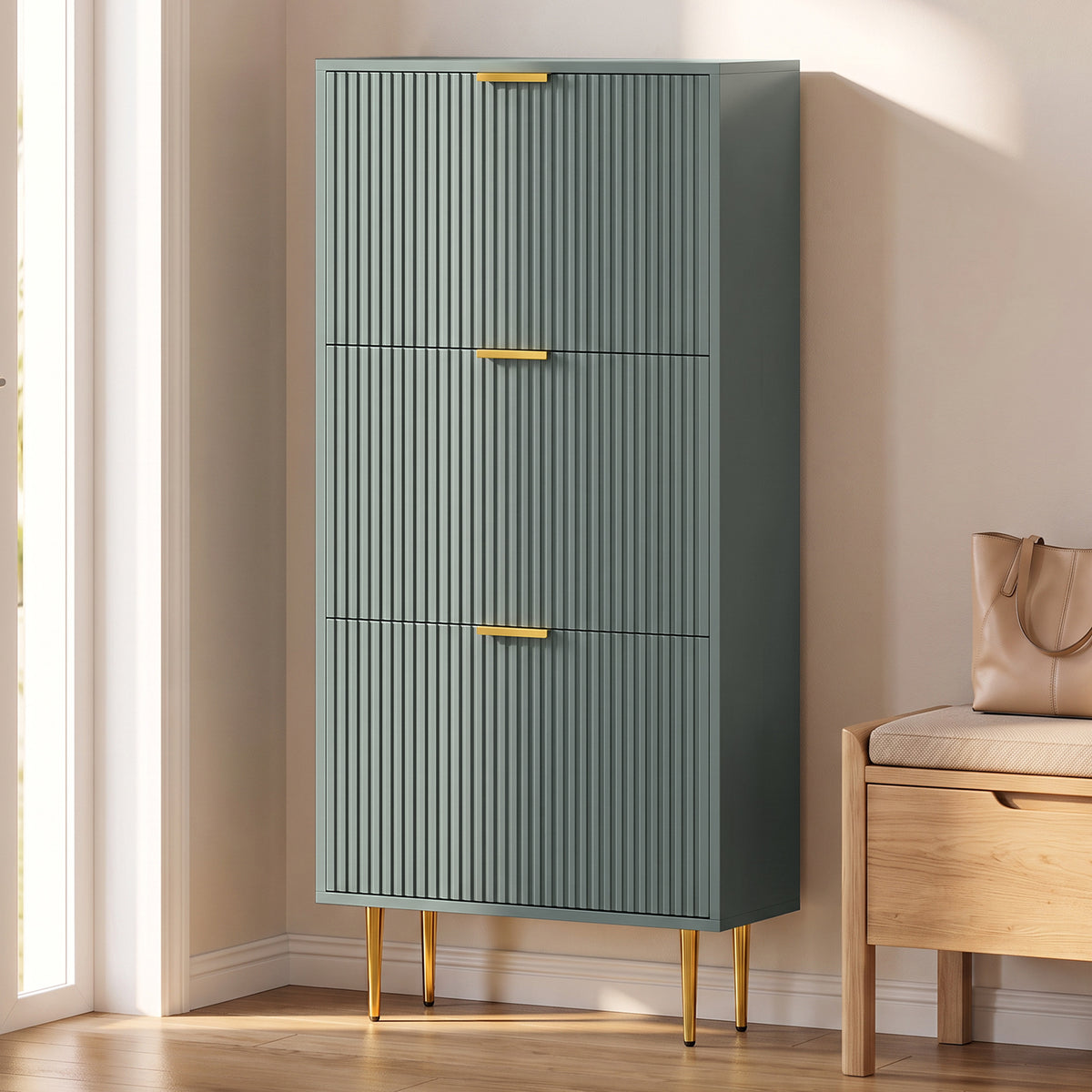 Meuble à Chaussures 18 Paires, Armoire à Chaussures avec 3 Tiroirs, Façades Cannelées et Étagères Réglables, Vert Foncé-1