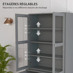 Bibliothèque vitrine, meuble de rangement à 6 niveaux avec 4 portes dont 2 en verre trempé, étagères réglables, gris-4