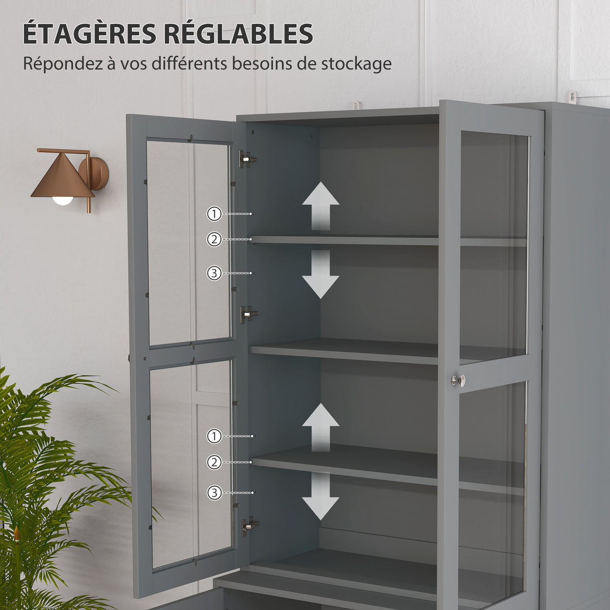 Bibliothèque vitrine, meuble de rangement à 6 niveaux avec 4 portes dont 2 en verre trempé, étagères réglables, gris-4