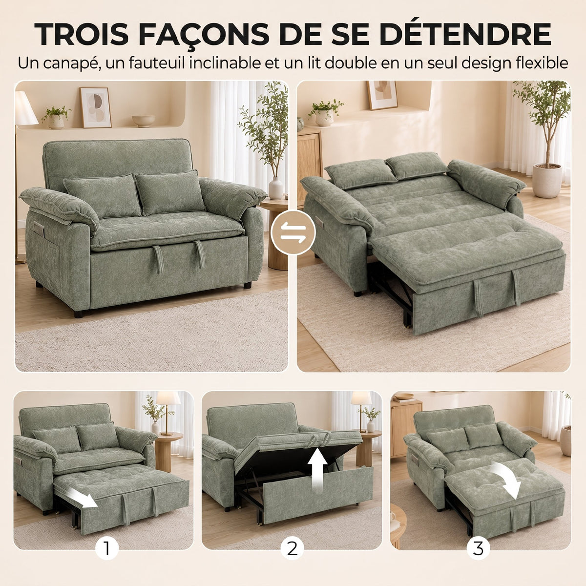 Canapé Convertible 2 Places, Canapé-Lit 3 en 1 Velours 137 cm, Dossier Réglable, Assise Large, 2 Oreillers, Vert-3
