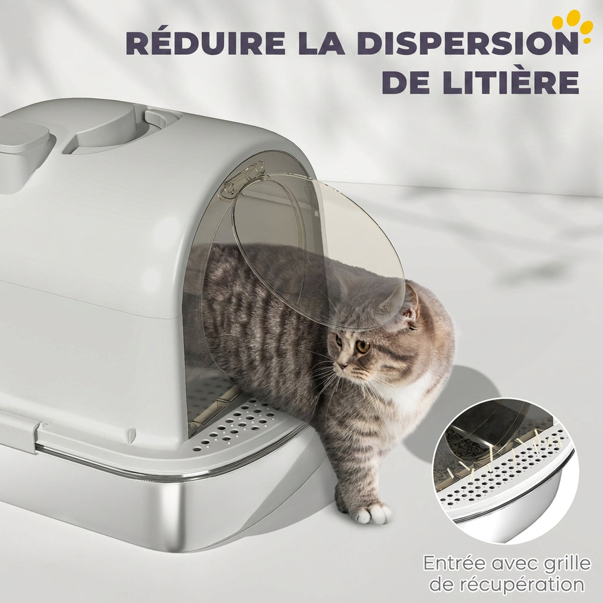Maison de toilette pour chat bac à litière fermé bac acier inoxydable, nettoyage facile, 52,4 x 41,3 x 39,9 cm, blanc-4