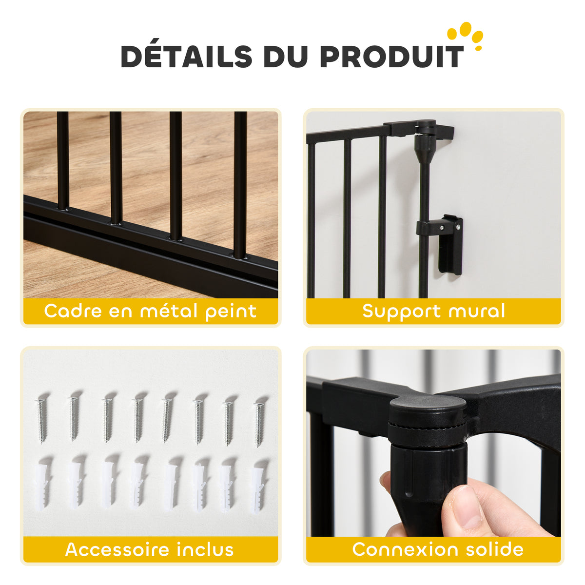 Barrière de sécurité parc enclos chien modulable pliable porte intégrée 300L max. x 74,5H cm métal PP noir-6