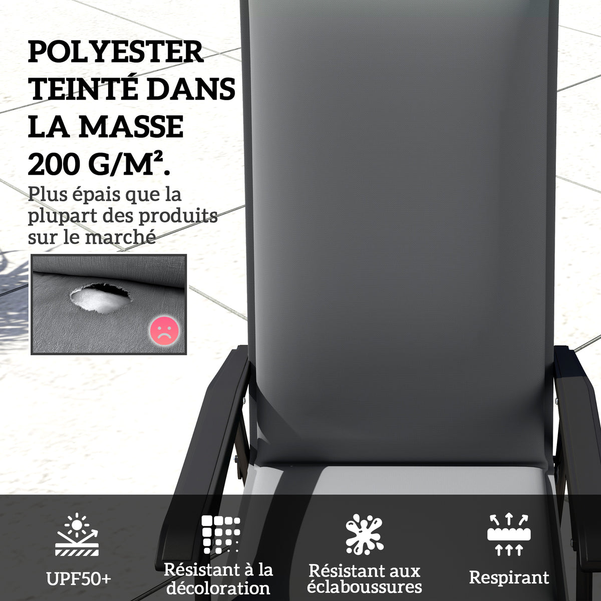 Lot de 4 coussins de chaise extérieur avec attaches et bande réglable, anti-décoloration UPF50+, 124x50x5cm, gris-3