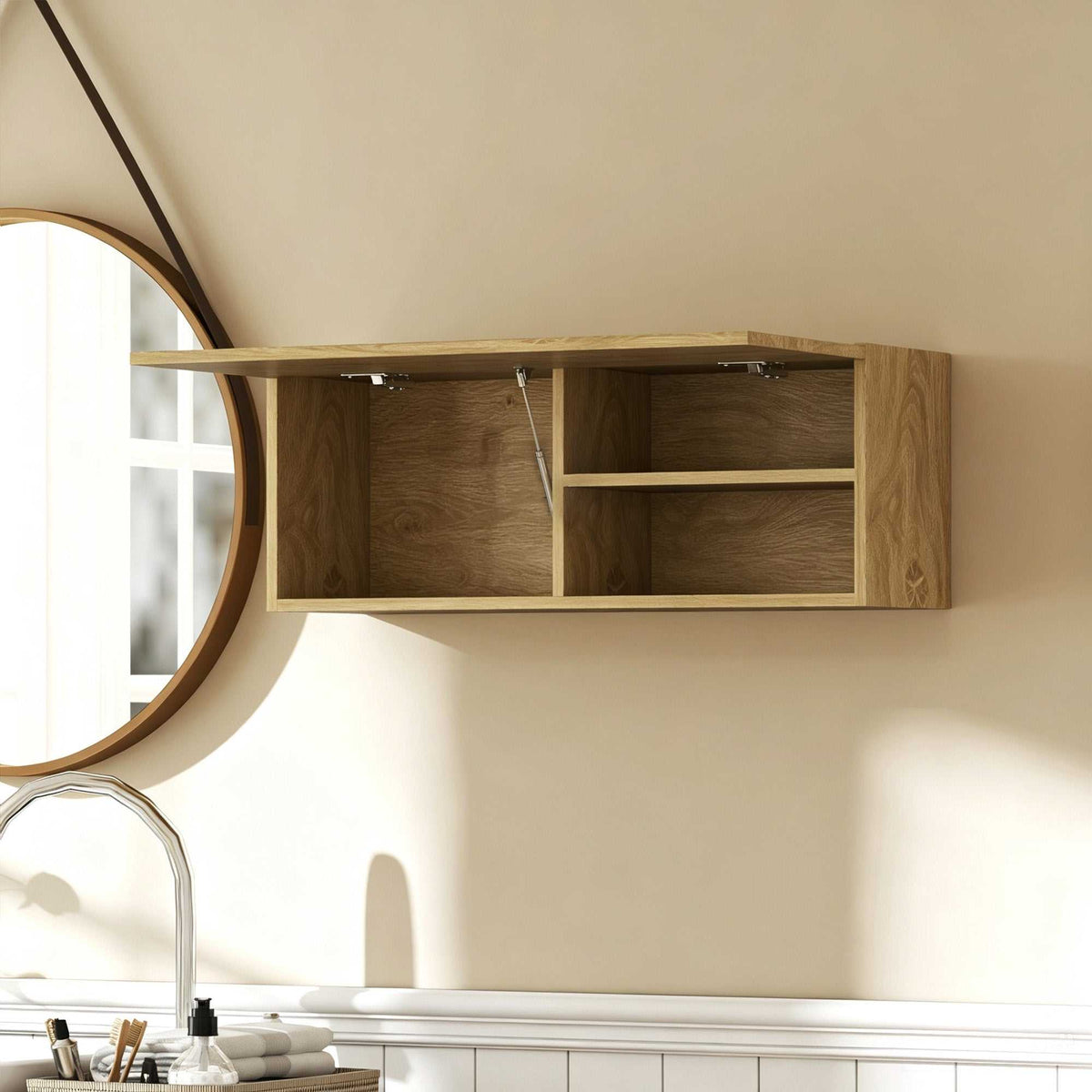 Armoire murale de salle de bain, meuble de rangement suspendu avec porte à charnières, 80 x 25 x 30 cm, bois naturel-1