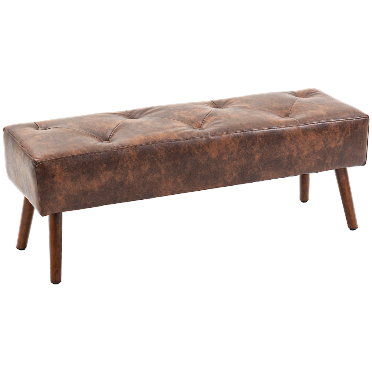Banc bout de lit banquette capitonnée style vintage 114 x 38 x 42 cm piètement bois revêtement marron effet vieilli-0
