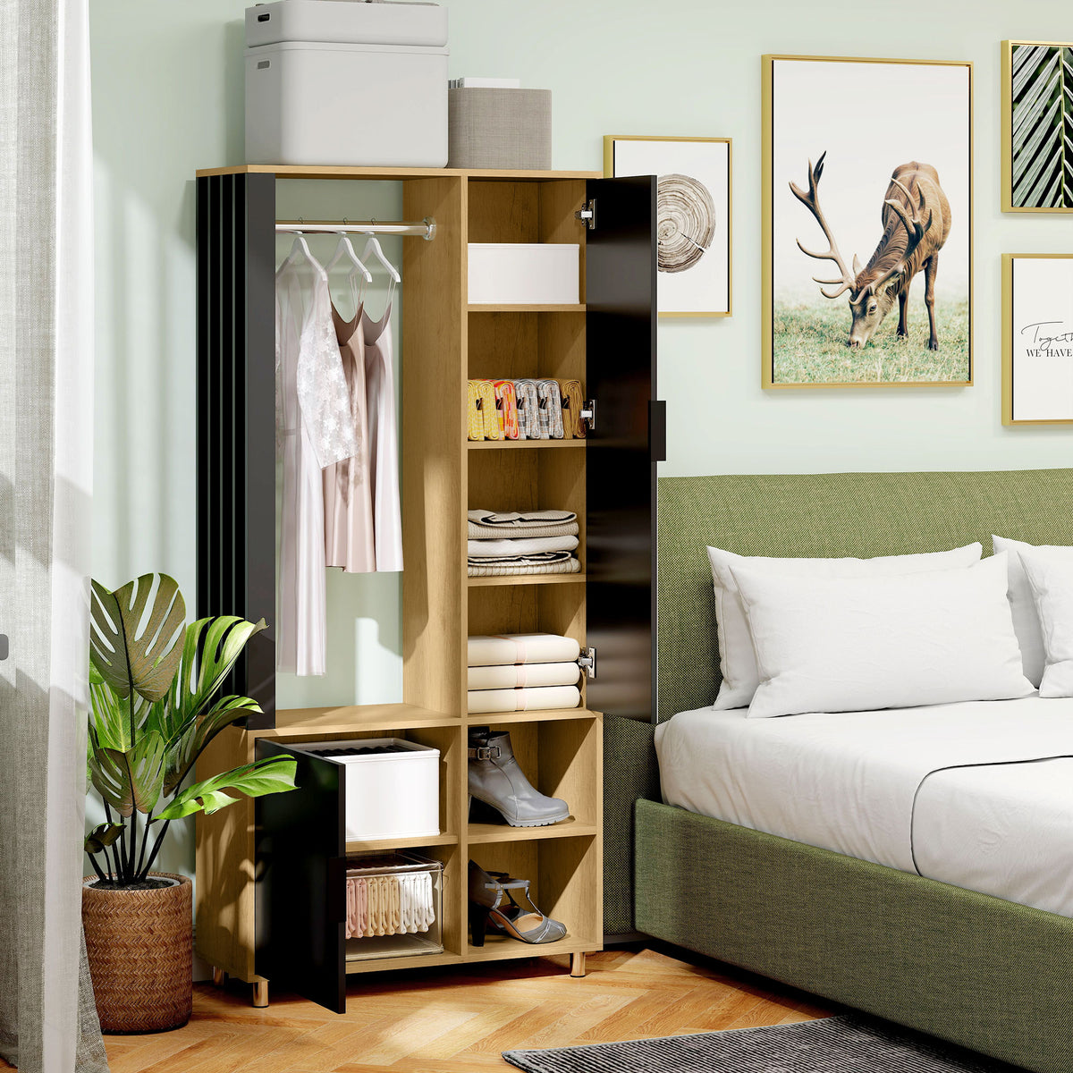 Armoire chambre penderie avec miroir, compartiments ouverts, placard et tringle de suspension, 80 x 30 x 170 cm, naturel-7