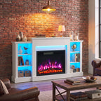 Cheminée Électrique Meuble TV Jusqu'à 65 Pouces avec 6 Étagères Effet Flamme 3D 12 Couleurs Ruban LED RGB Blanc-4