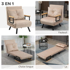 Fauteuil convertible 3 en 1 lit 1 place dossier 5 positions, accoudoirs en bois et coussin, tissu effet velours, beige-3