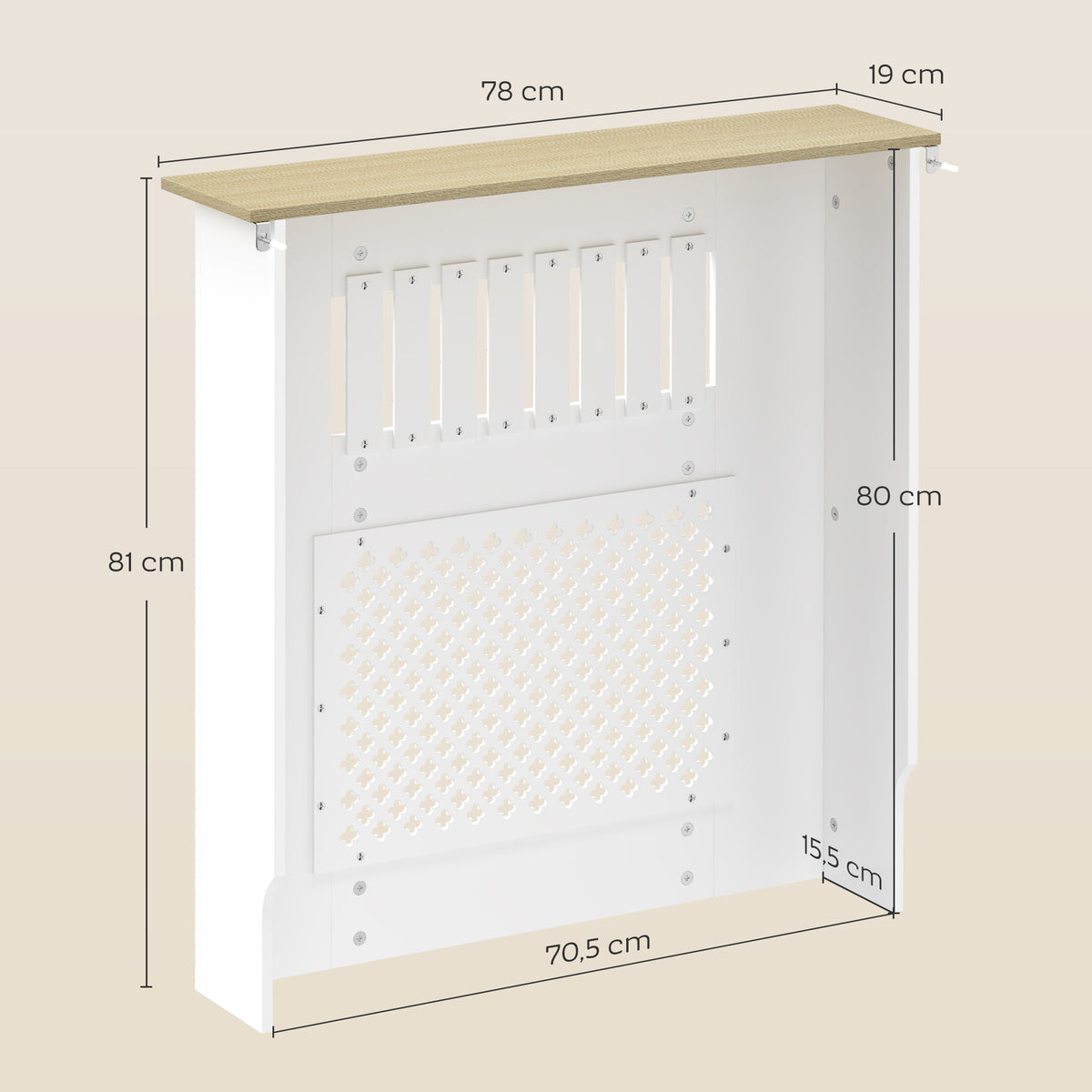 Couvercle de Radiateur en Bois à Lattes avec Détails Croisés et Étagère Supérieure, 78 x 19 x 81 cm, Blanc-2