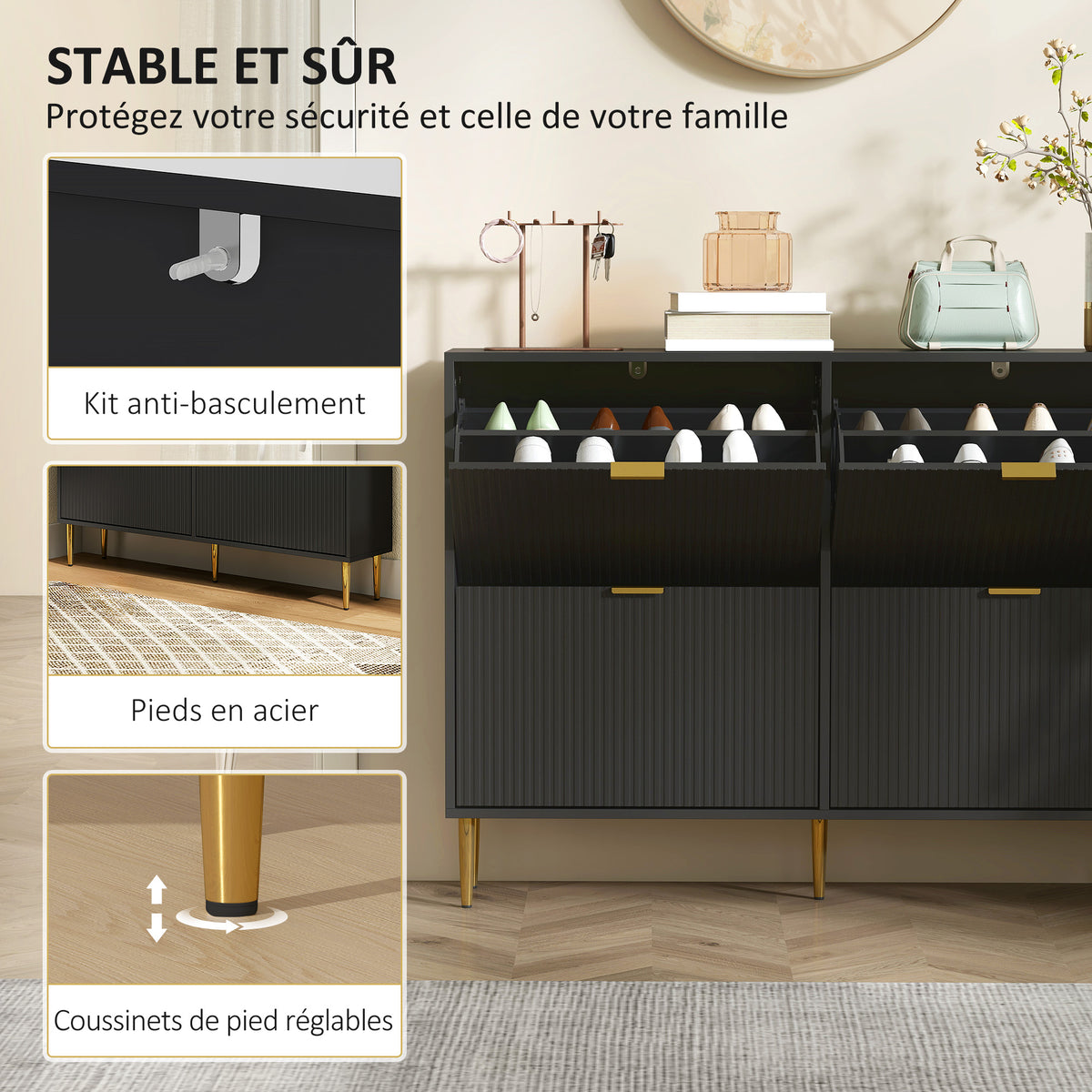Meuble à chaussures 20 paires avec 4 tiroirs rabattables, portes cannelées et étagères réglables, 105x24x91,5cm, noir-6