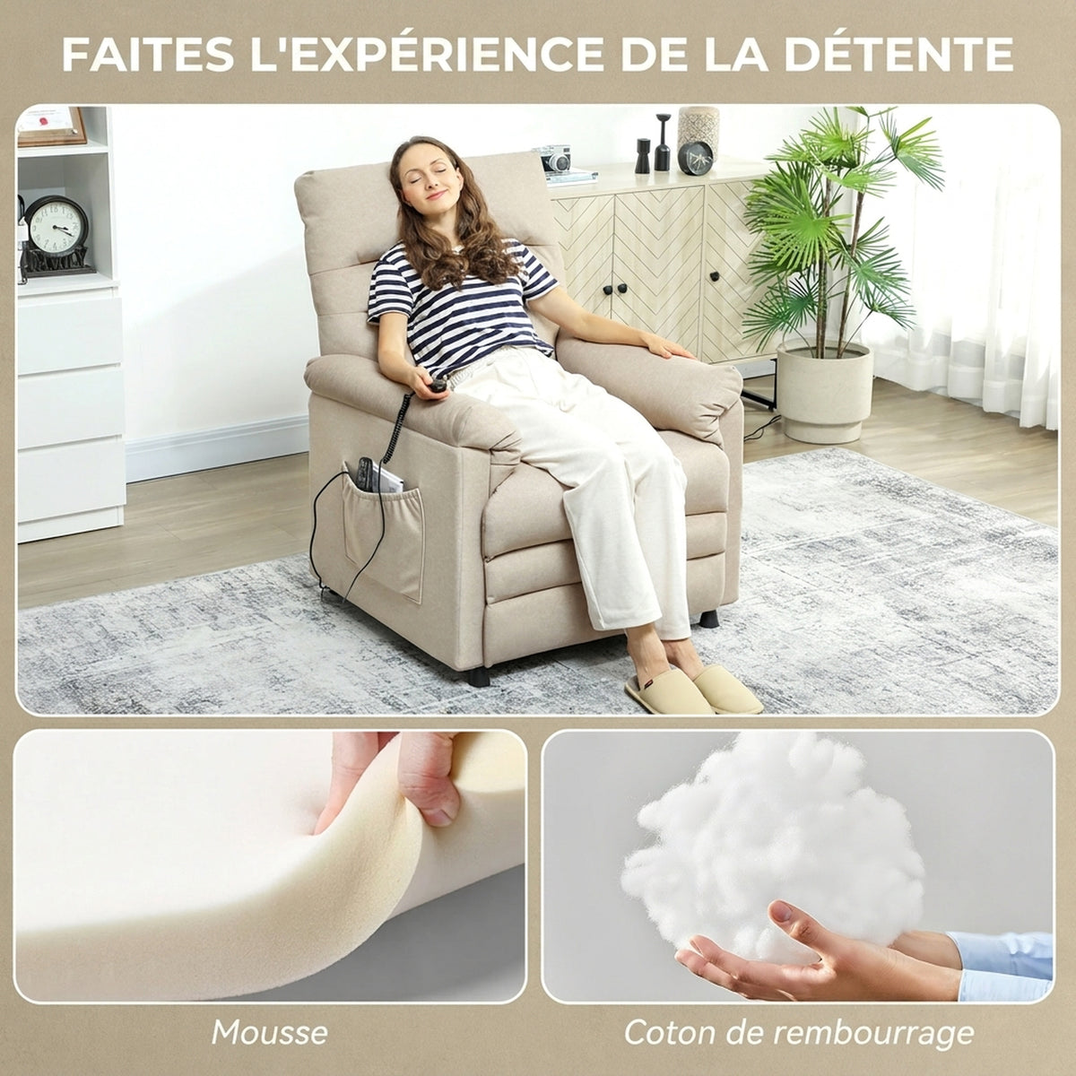 Fauteuil Relax Électrique Massant et Chauffant en Velours, Ultra Silencieux, Inclinable, Port USB, 82x99x106cm, Beige-7