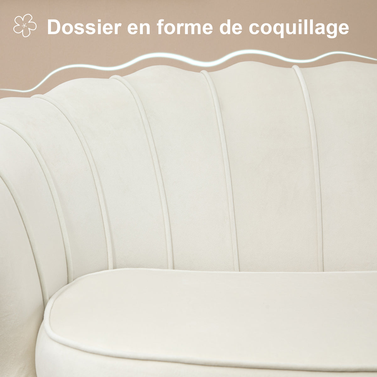Canapé 2 places en tissu velours, petit canapé, en forme de coquillage, avec coussin épais de 10 cm, crème-3