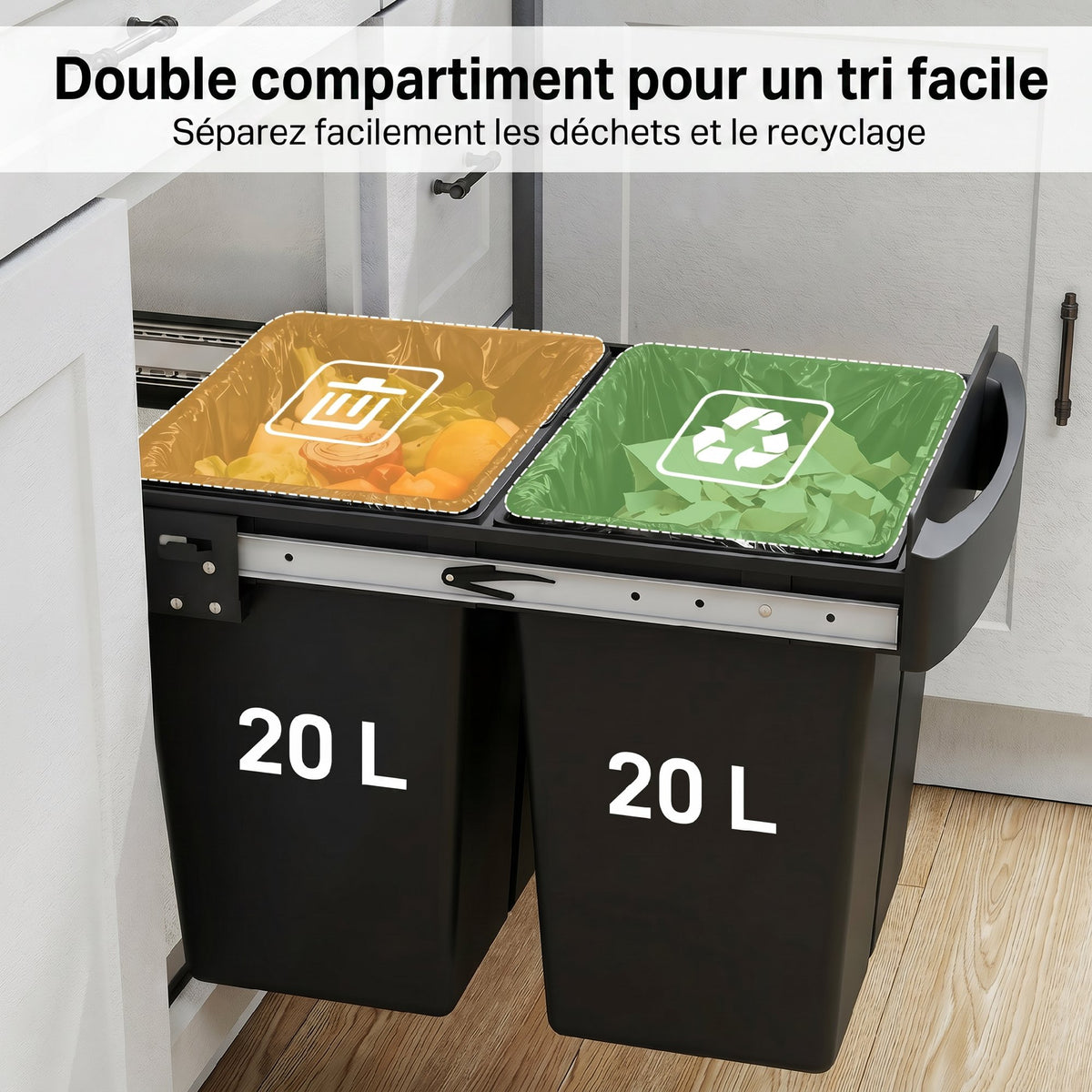 Poubelle sous évier coulissante, poubelle de tri sélectif, 2 x 20L, seaux intérieurs amovibles, 52 x 33,5 x 41 cm, noir-4