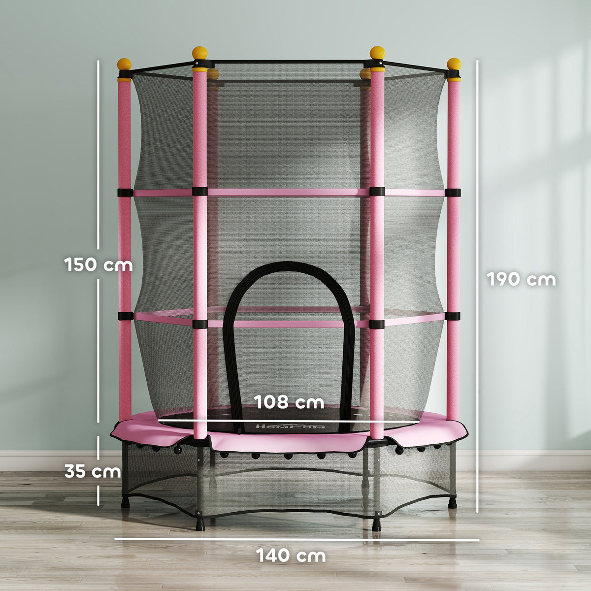 Trampoline Enfant Ø 1,40 × 1,90H m Filet de sécurité Porte zipée Couvre-Ressorts 6 poteaux rembourrés Inclus Rose-2