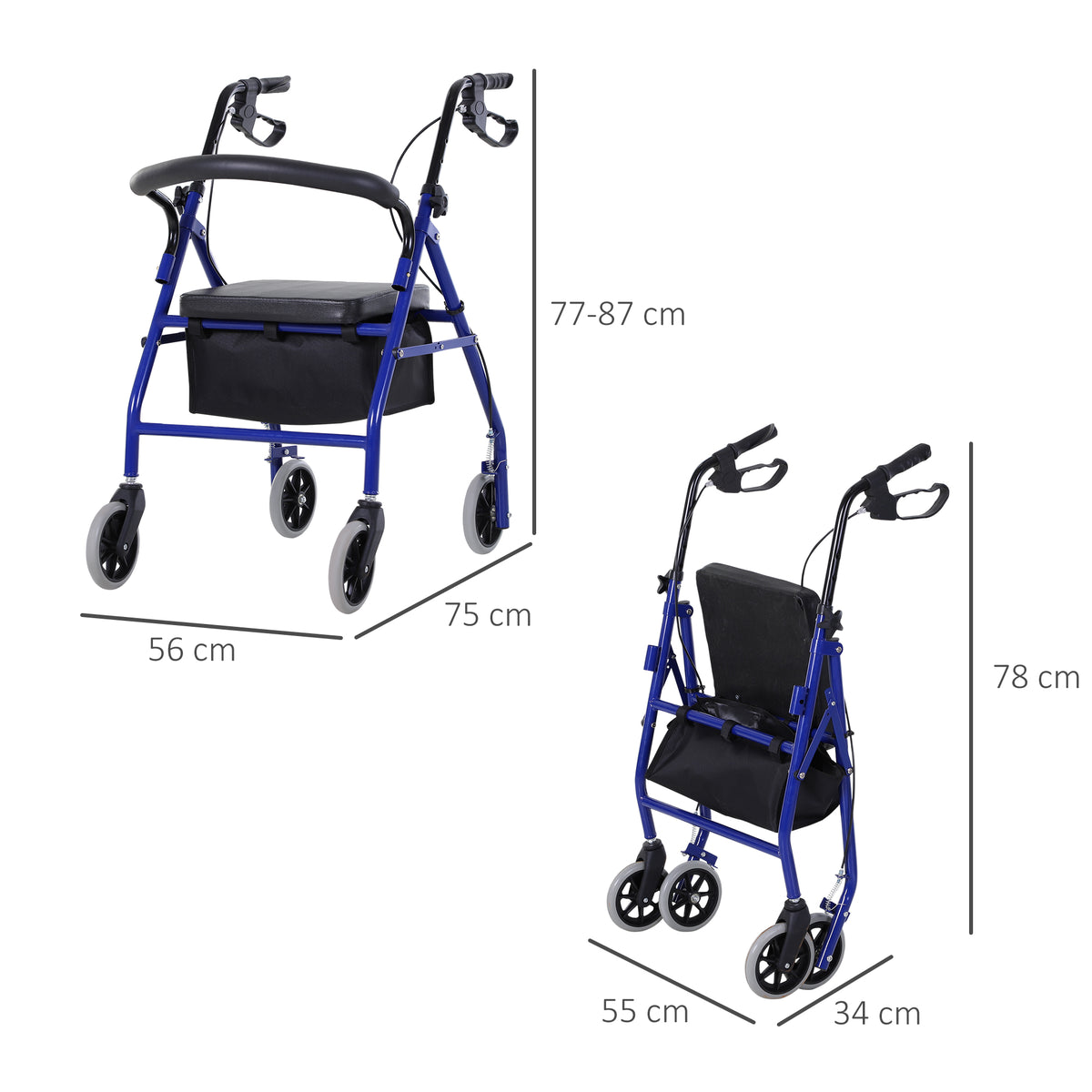 Déambulateur 4 roues - déambulateur pliable léger - assise + dossier rembourré - poignées ergonomiques, freins à main - panier rangement - métal bleu-2