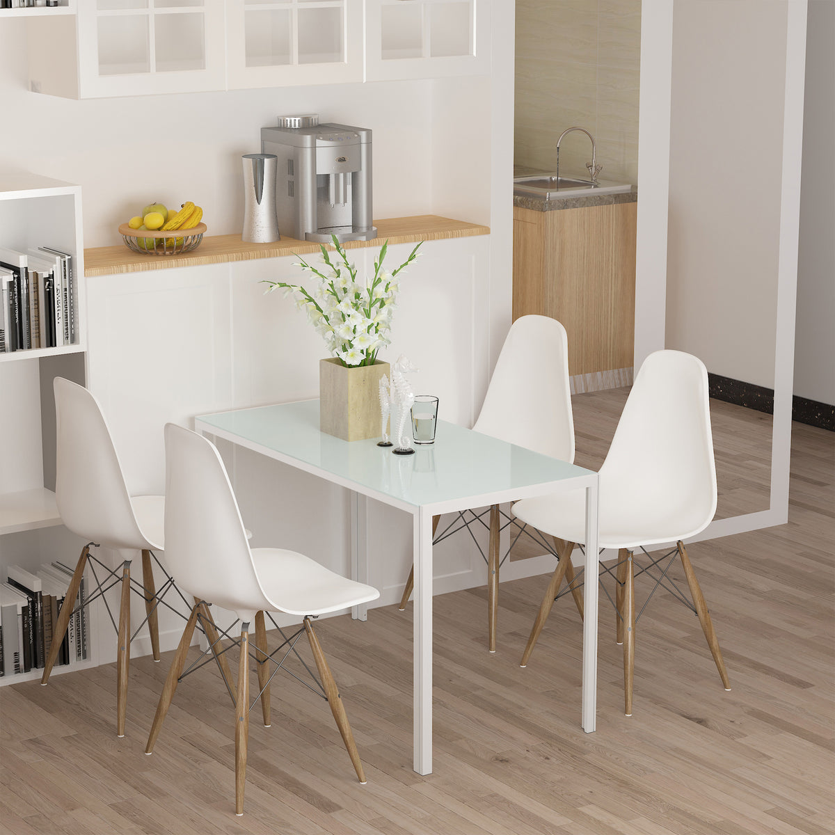 Table à manger pour 4 personnes, table de cuisine avec plateau en verre trempé et pieds en métal, 120x60x75cm, blanc-7