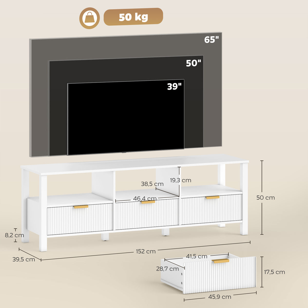 Meuble TV 152 cm, meuble télé pour téléviseur 65 pouces avec 3 tiroirs et 3 étagères ouvertes, 152x39,5x50cm, blanc-2