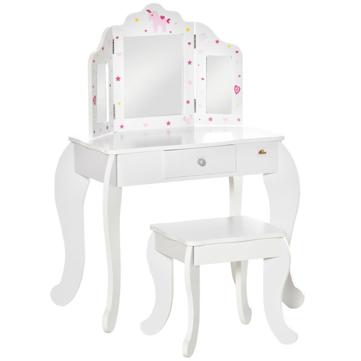 Coiffeuse Enfant avec Tabouret, Miroir triptyque et tiroir Coulissant - Coiffeuse dim. 63L x 40l x 85,5H cm-0