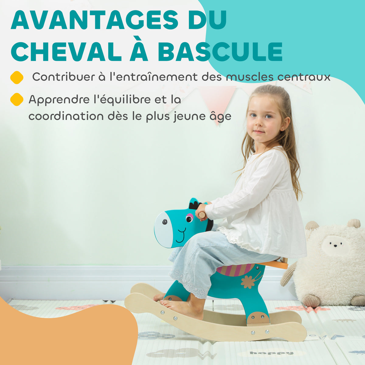 Cheval à bascule pour enfants, âne jouet à bascule bébé en bois avec guidon et base stable, 59 x 27 x 43 cm, vert foncé-3