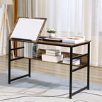 Table à dessin inclinable bureau informatique design industriel - plateau relevable, étagère - panneaux particules aspect vieux bois métal noir-1
