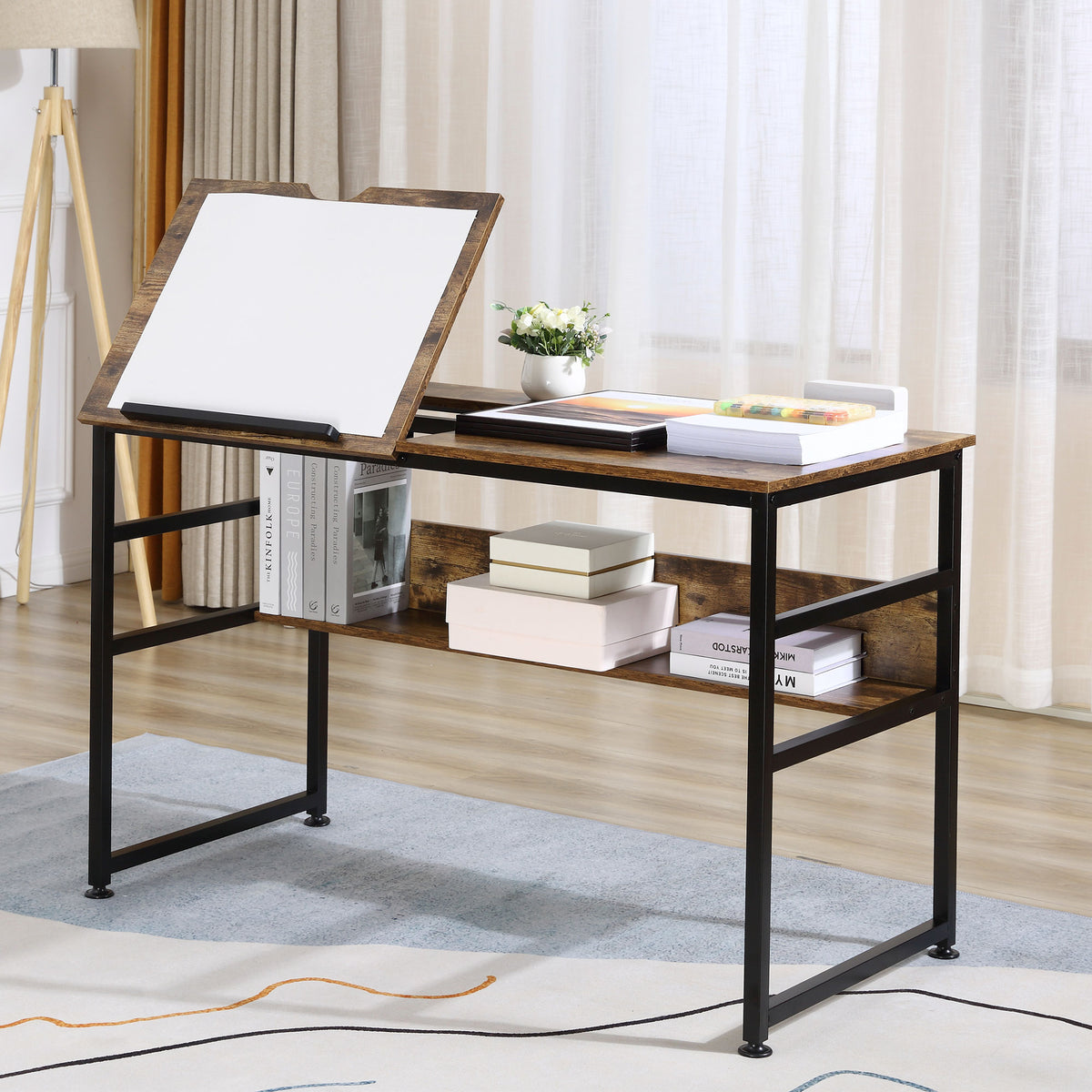 Table à dessin inclinable bureau informatique design industriel - plateau relevable, étagère - panneaux particules aspect vieux bois métal noir-1