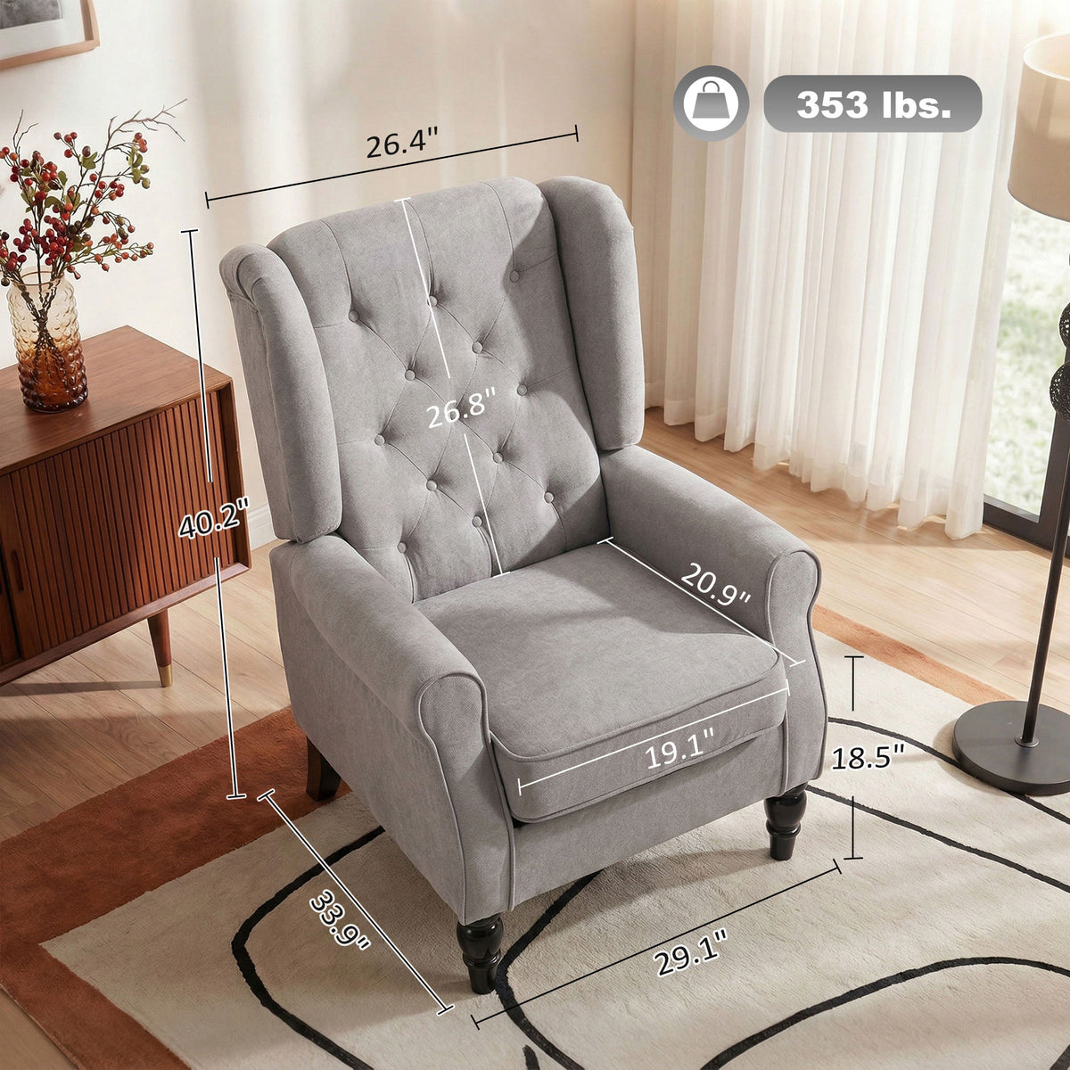 Fauteuil de salon capitonné avec assise large, pieds en bois, style classique, grand confort, 74 x 86 x 102 cm, gris-2