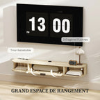 Meuble TV suspendu, meuble télé pour téléviseur jusqu'à 50 pouces, tiroir rabattable 2 étagères 120x24x16cm bois naturel-4