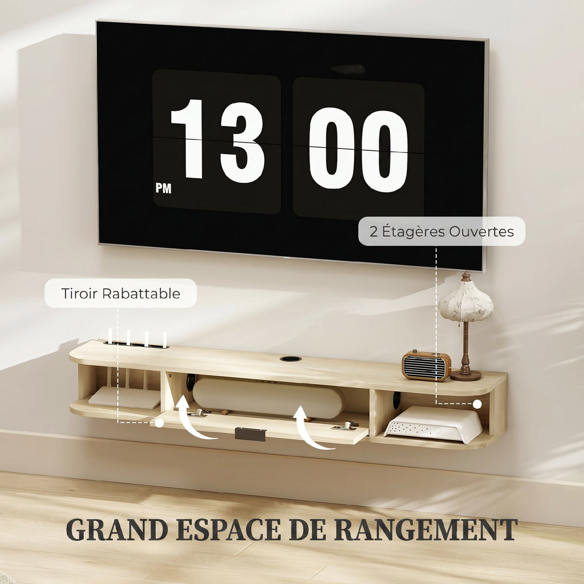 Meuble TV suspendu, meuble télé pour téléviseur jusqu'à 50 pouces, tiroir rabattable 2 étagères 120x24x16cm bois naturel-4