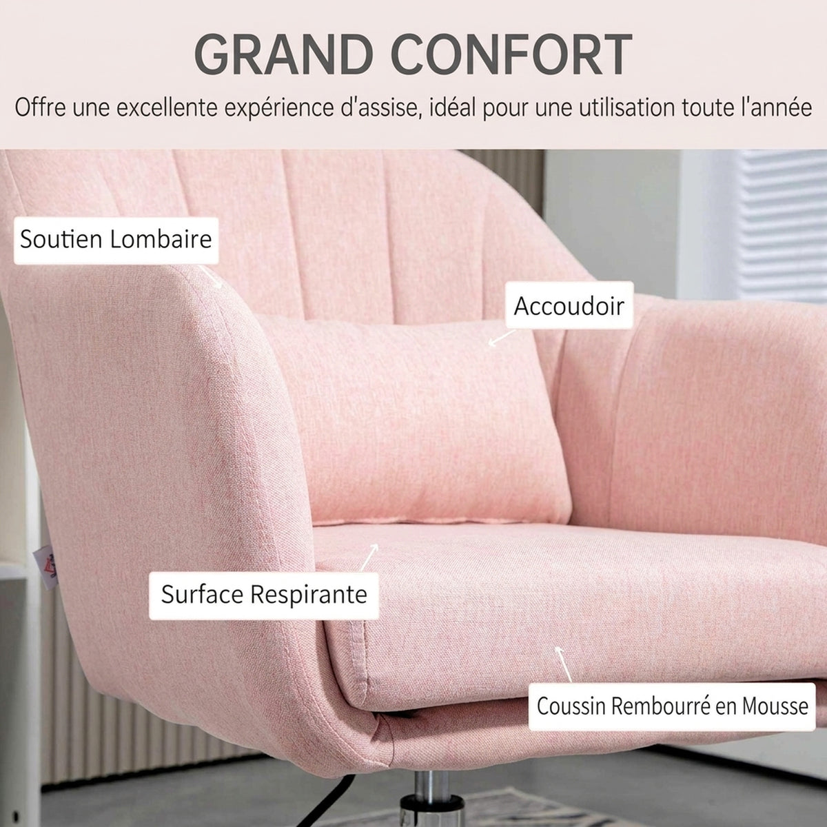 Fauteuil de salon coussins lombaires hauteur réglable pivotant 360° piètement en métal rose-5