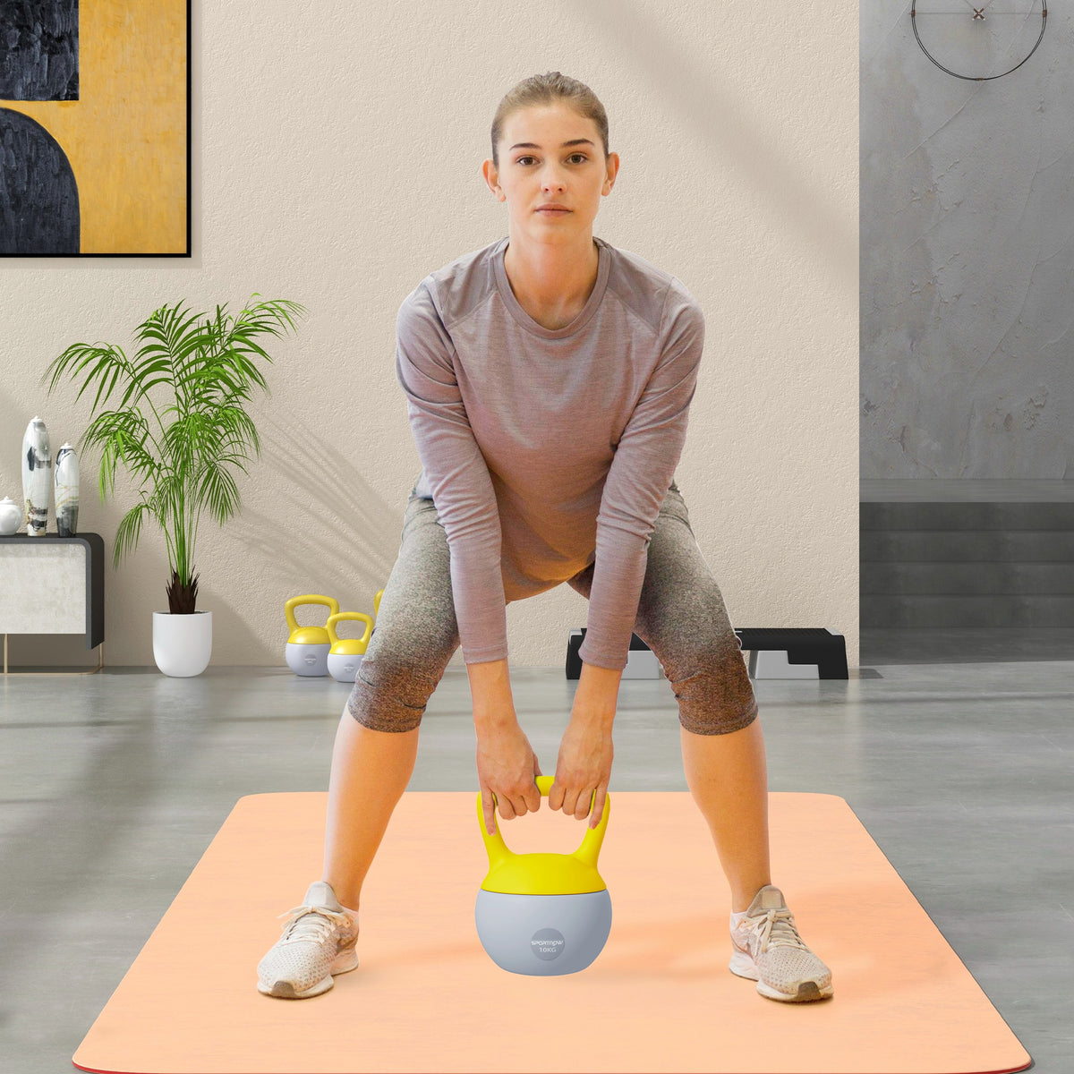Kettlebell 10kg haltère avec poignée antidérapante pour fitness musculation cardio, gris et jaune-1