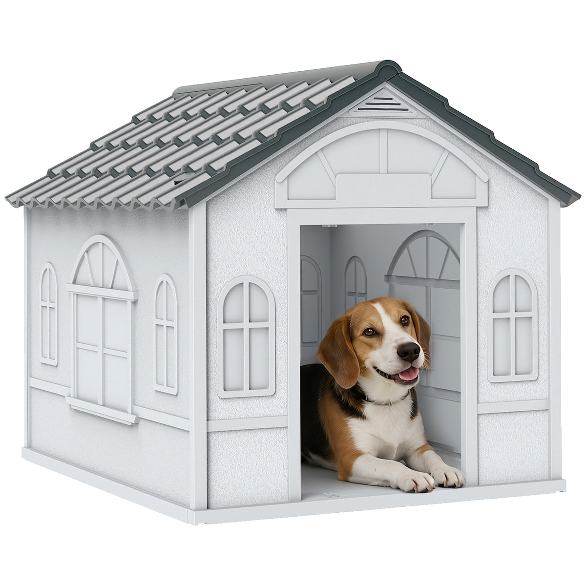 Niche pour Chien Extérieur pour Chiens Moyens et Grands, Maison pour Chien en PP Imperméable avec Toit en Pente, Porte Avant Ouverte et Ouverture d'Aération au-Dessus, 65 x 75,7 x 63 cm, Gris-0