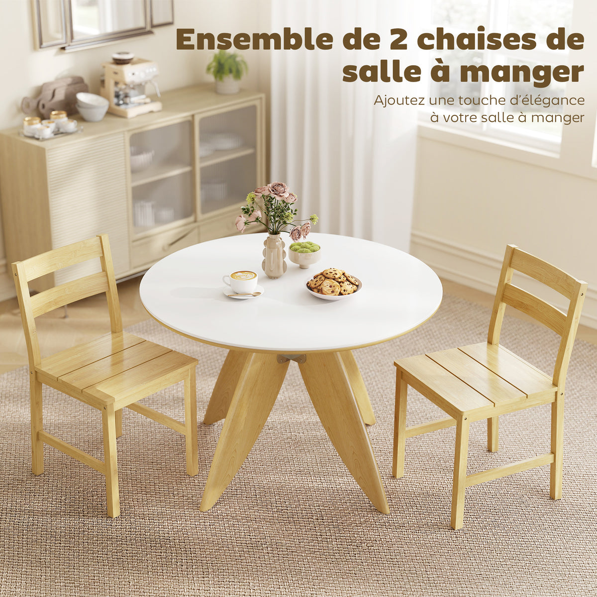 Lot de 2 chaises de salle à manger en bambou, chaises de cuisine sans accoudoirs avec assise à lattes, bois naturel-3