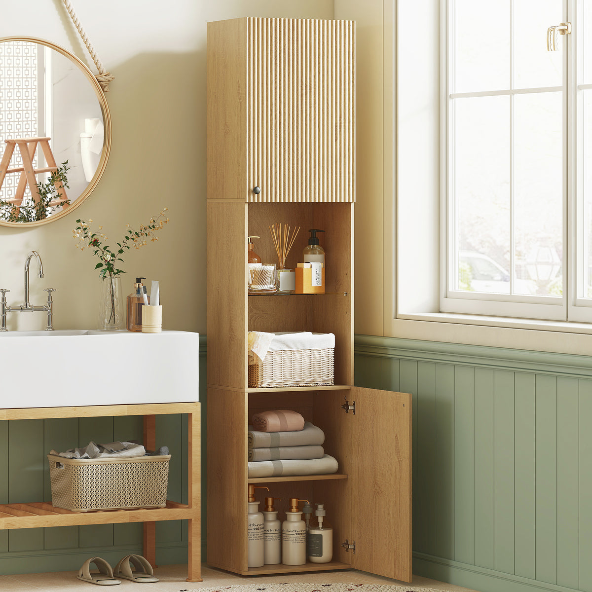 Armoire salle de bain haute, meuble de rangement colonne 6 niveaux 2 portes et étagères réglables, 40x31x182cm, chêne-1
