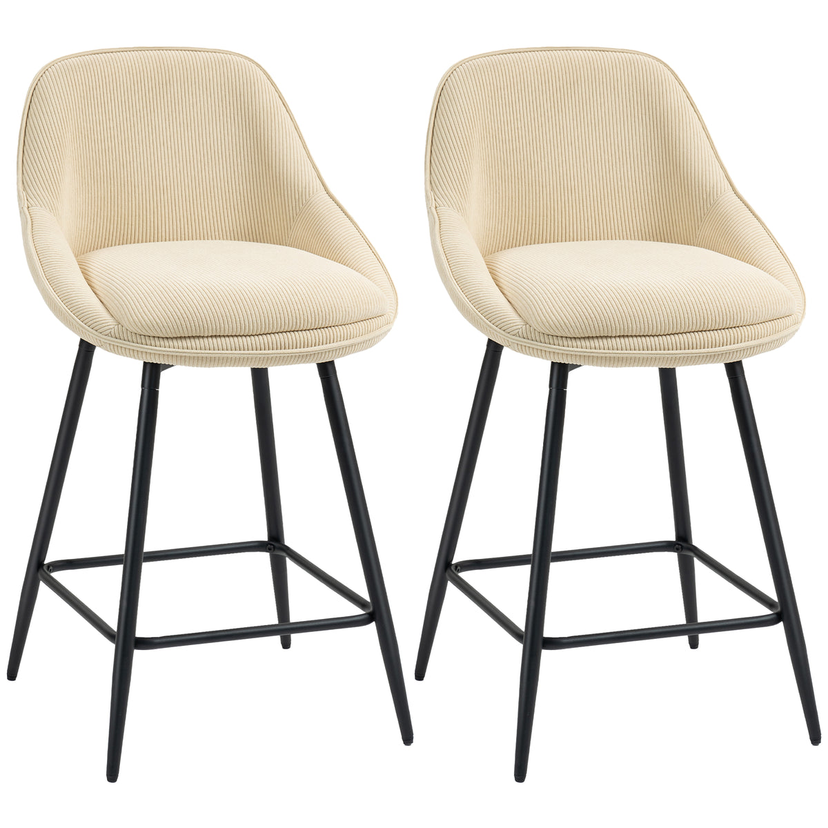 Lot de 2 tabourets de bar en tissu velours côtelé, chaises de bar avec dossier courbé, repose-pieds, 49x52x88cm, beige-0