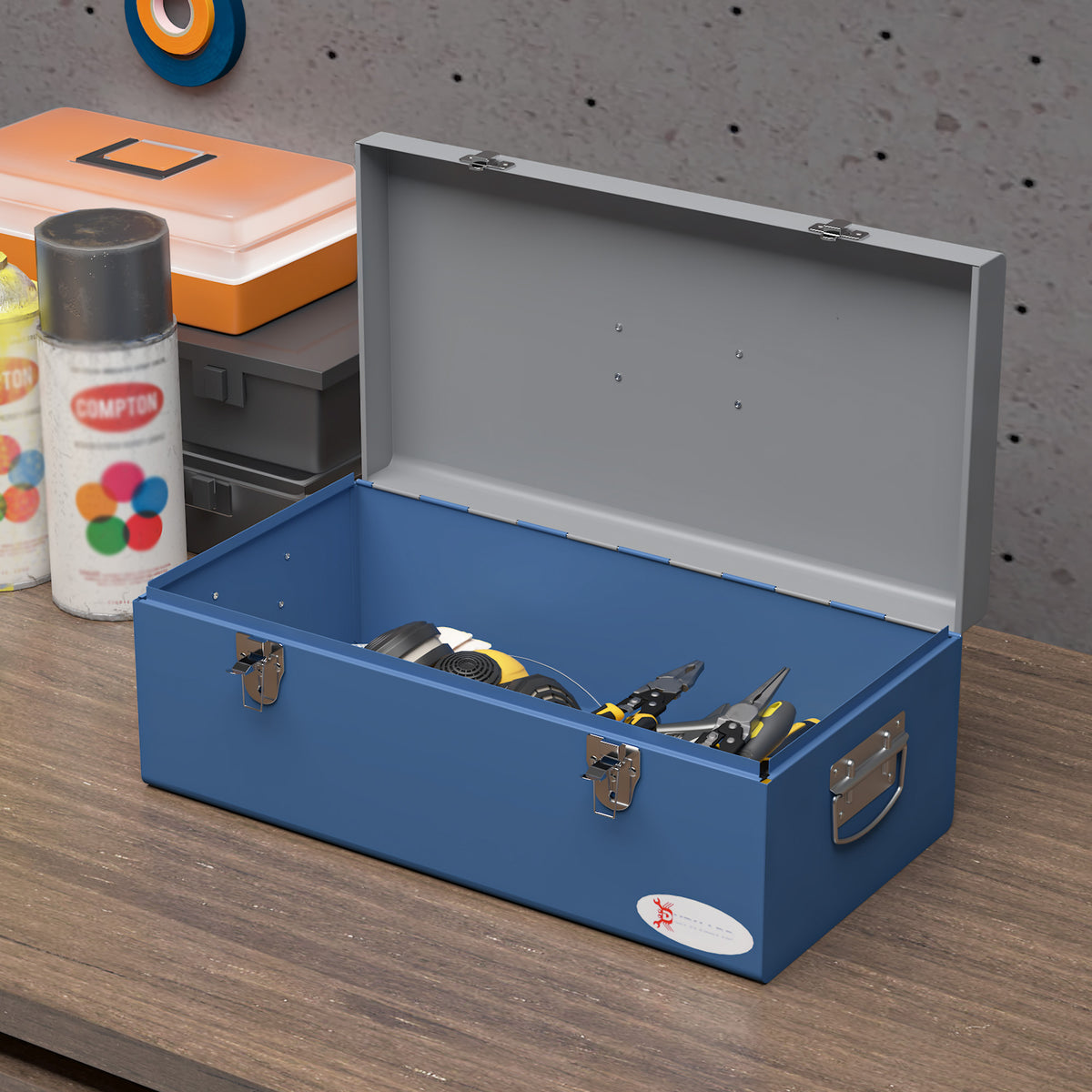 Caisse boite à outils en métal transportable avec 3 poignées, 2 loquets, dim. 50L x 26l x 18,5H cm, bleu-9